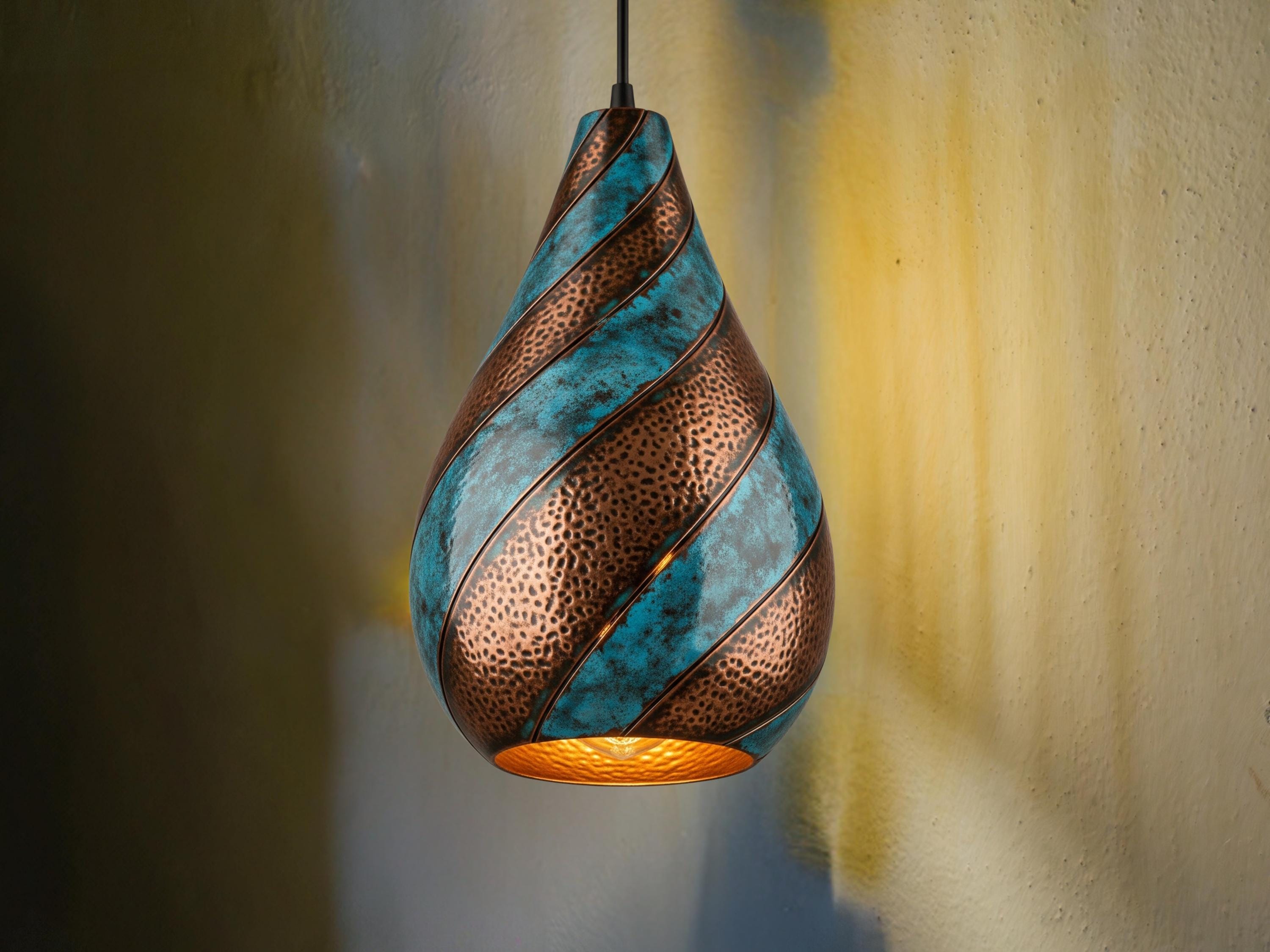 Swirl Teardrop Pendant Light - Hammered Copper with Blue Patina, Modern Pendant Ceiling Lamp