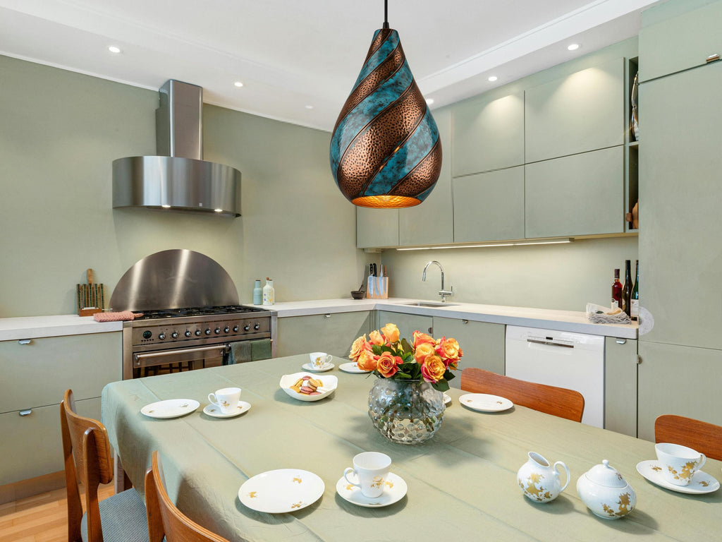 Swirl Teardrop Pendant Light - Hammered Copper with Blue Patina, Modern Pendant Ceiling Lamp