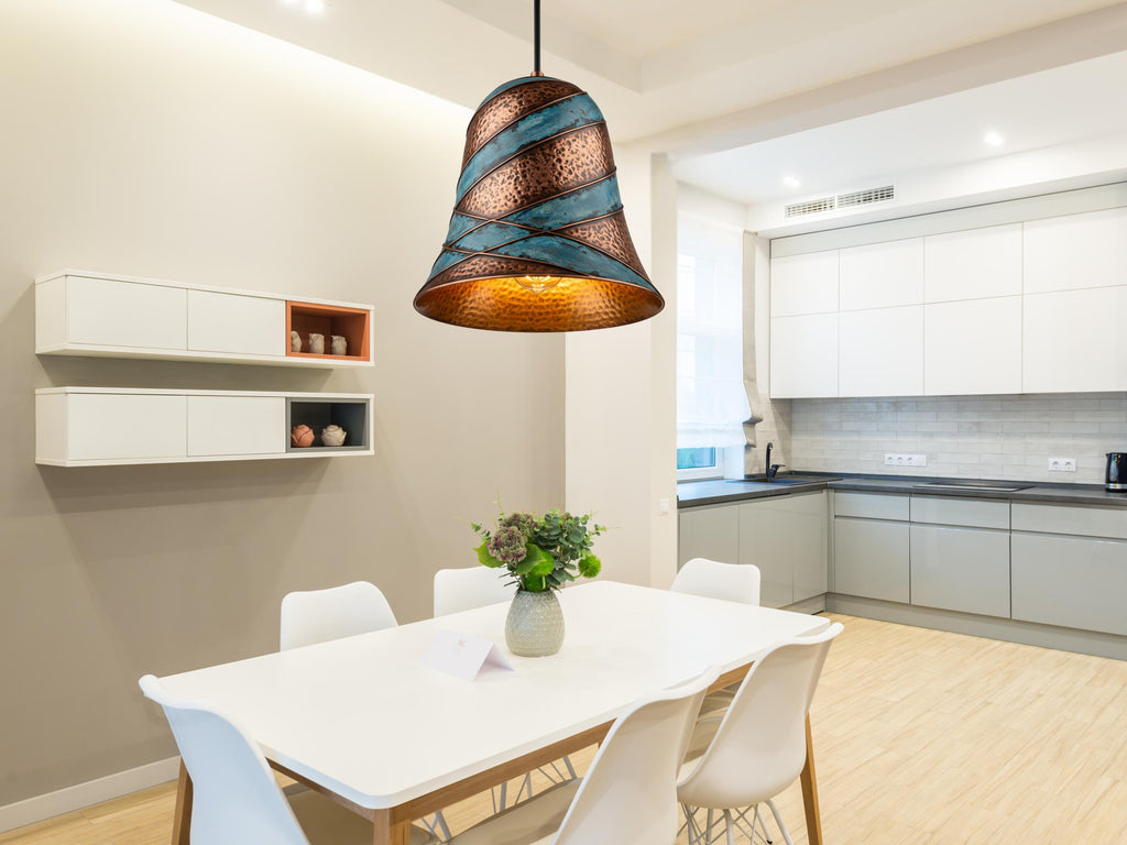 Copper Pendant Light: Green Patina Rustic Dome Lamp