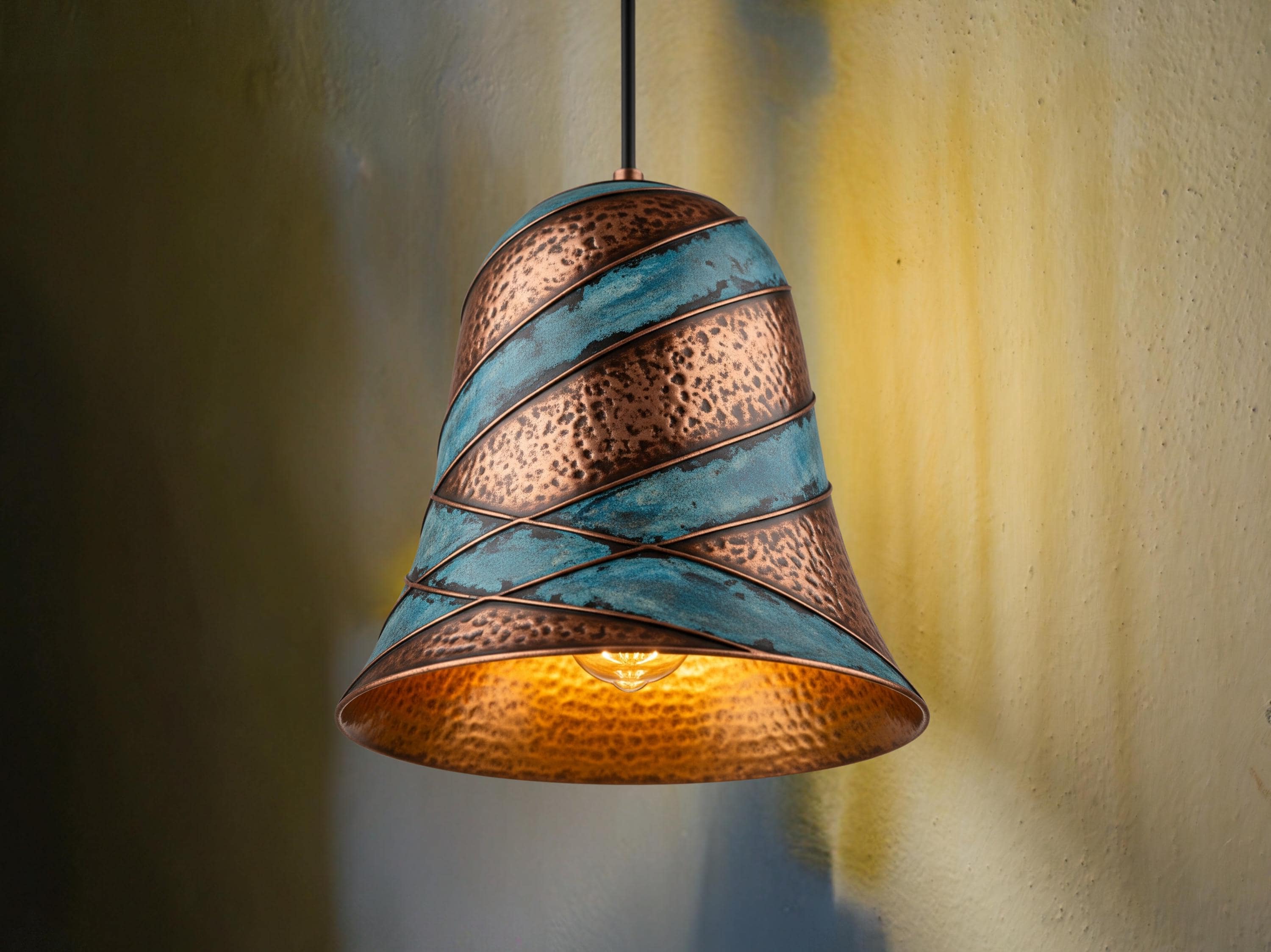 Copper Pendant Light: Green Patina Rustic Dome Lamp