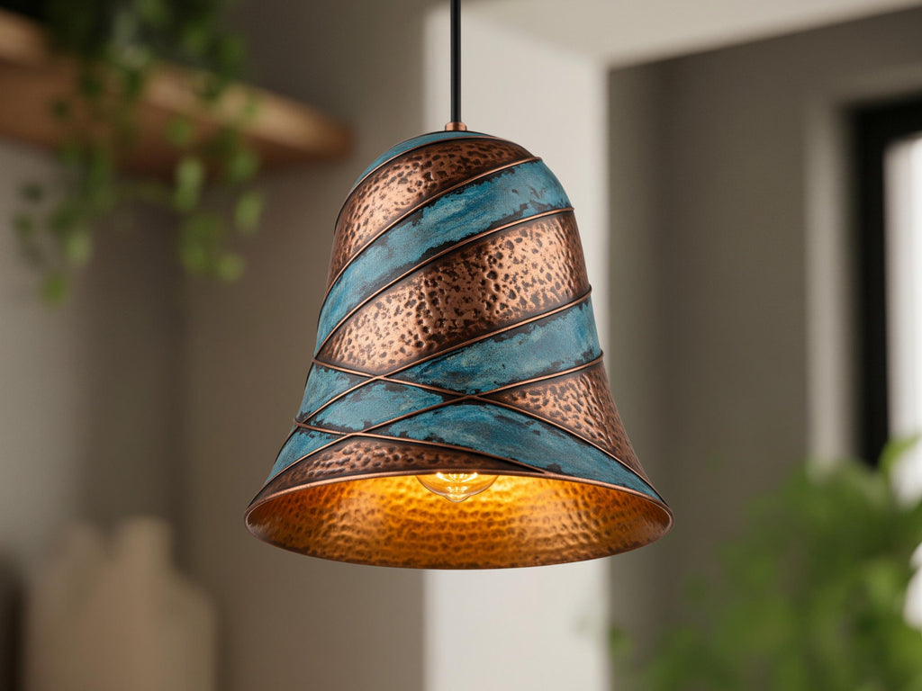 Copper Pendant Light: Green Patina Rustic Dome Lamp
