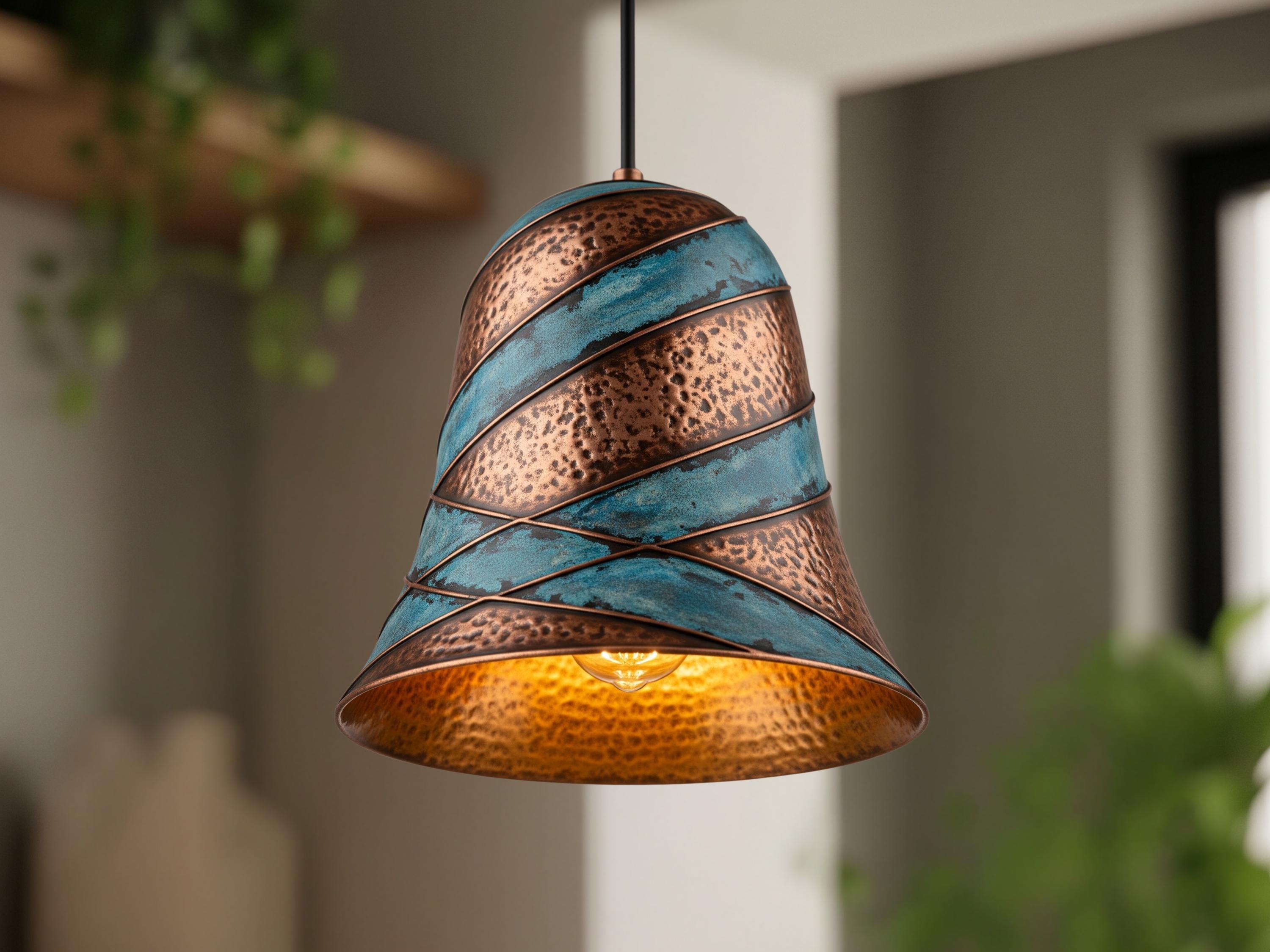 Copper Pendant Light: Green Patina Rustic Dome Lamp
