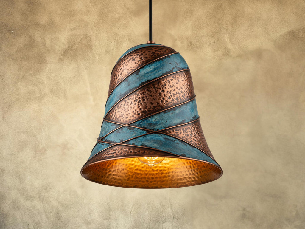 Copper Pendant Light: Green Patina Rustic Dome Lamp