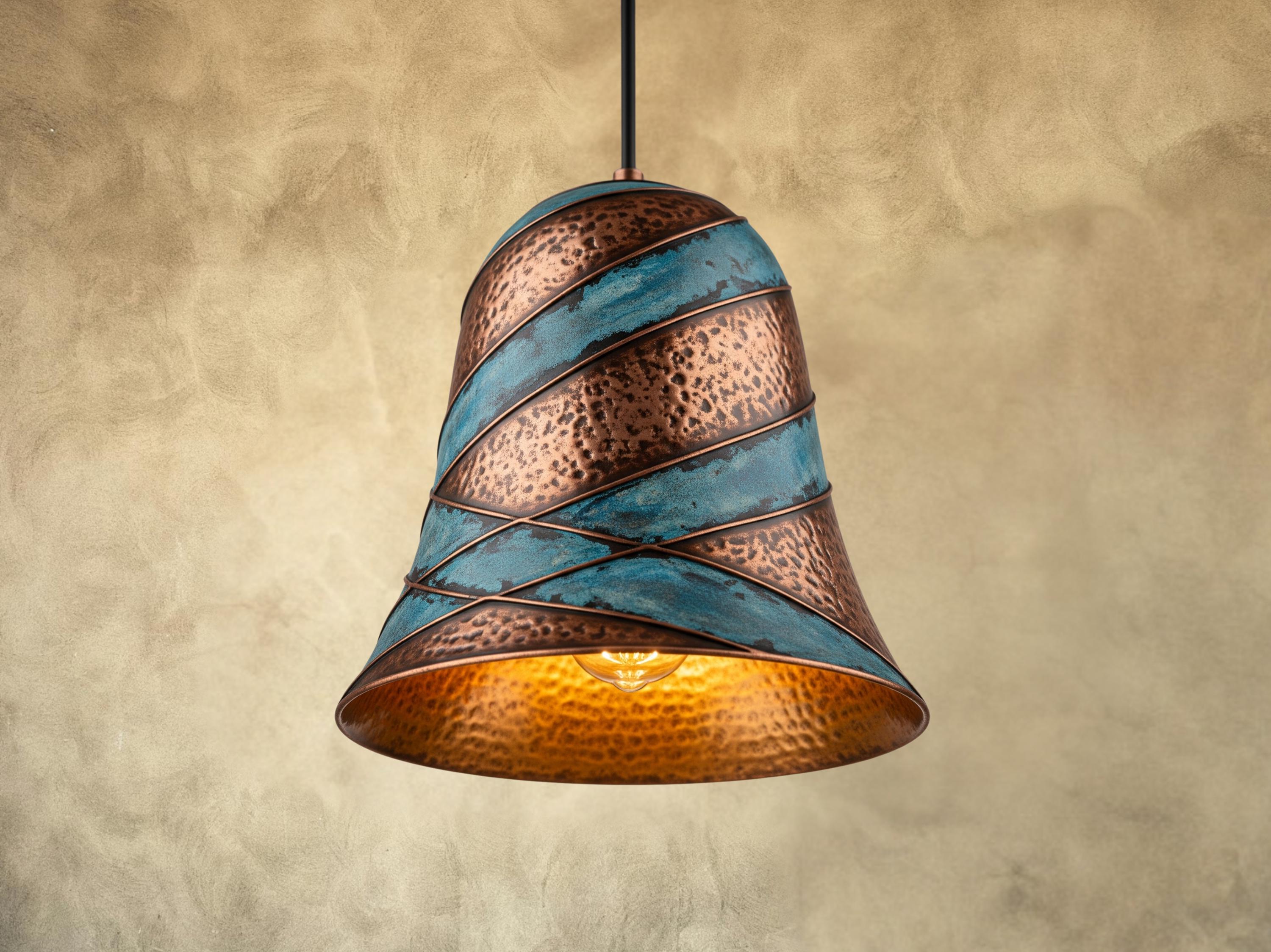 Copper Pendant Light: Green Patina Rustic Dome Lamp