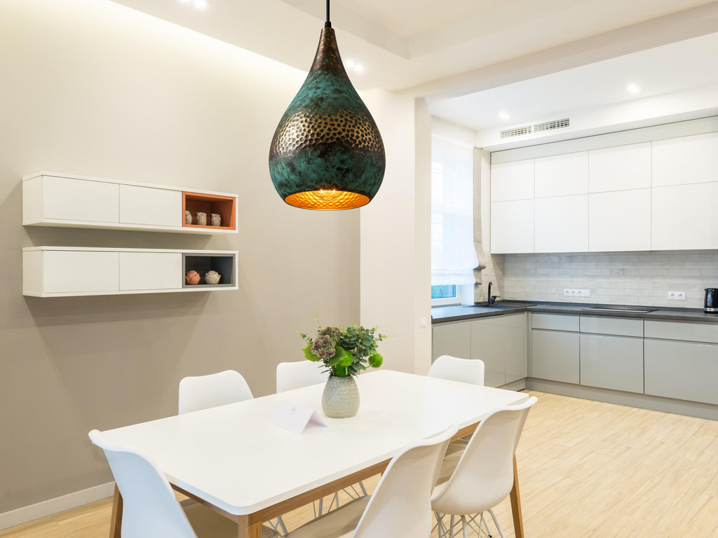 Swirl Teardrop Pendant Light - Hammered Copper with Blue Patina, Modern Moroccan Ceiling Lamp