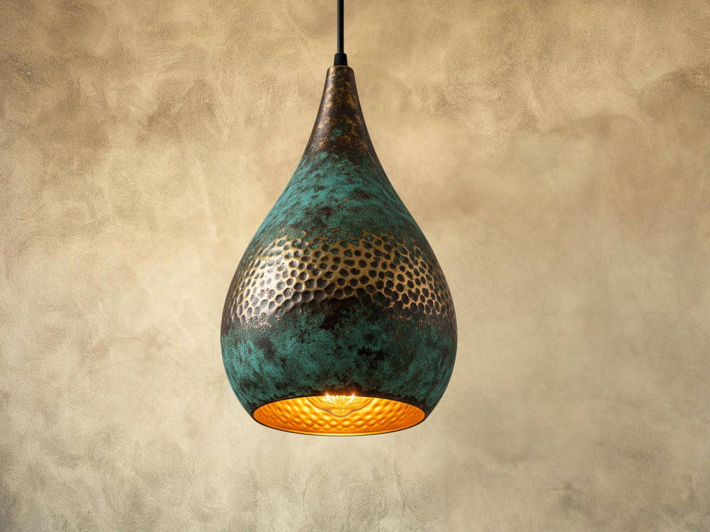 Swirl Teardrop Pendant Light - Hammered Copper with Blue Patina, Modern Moroccan Ceiling Lamp