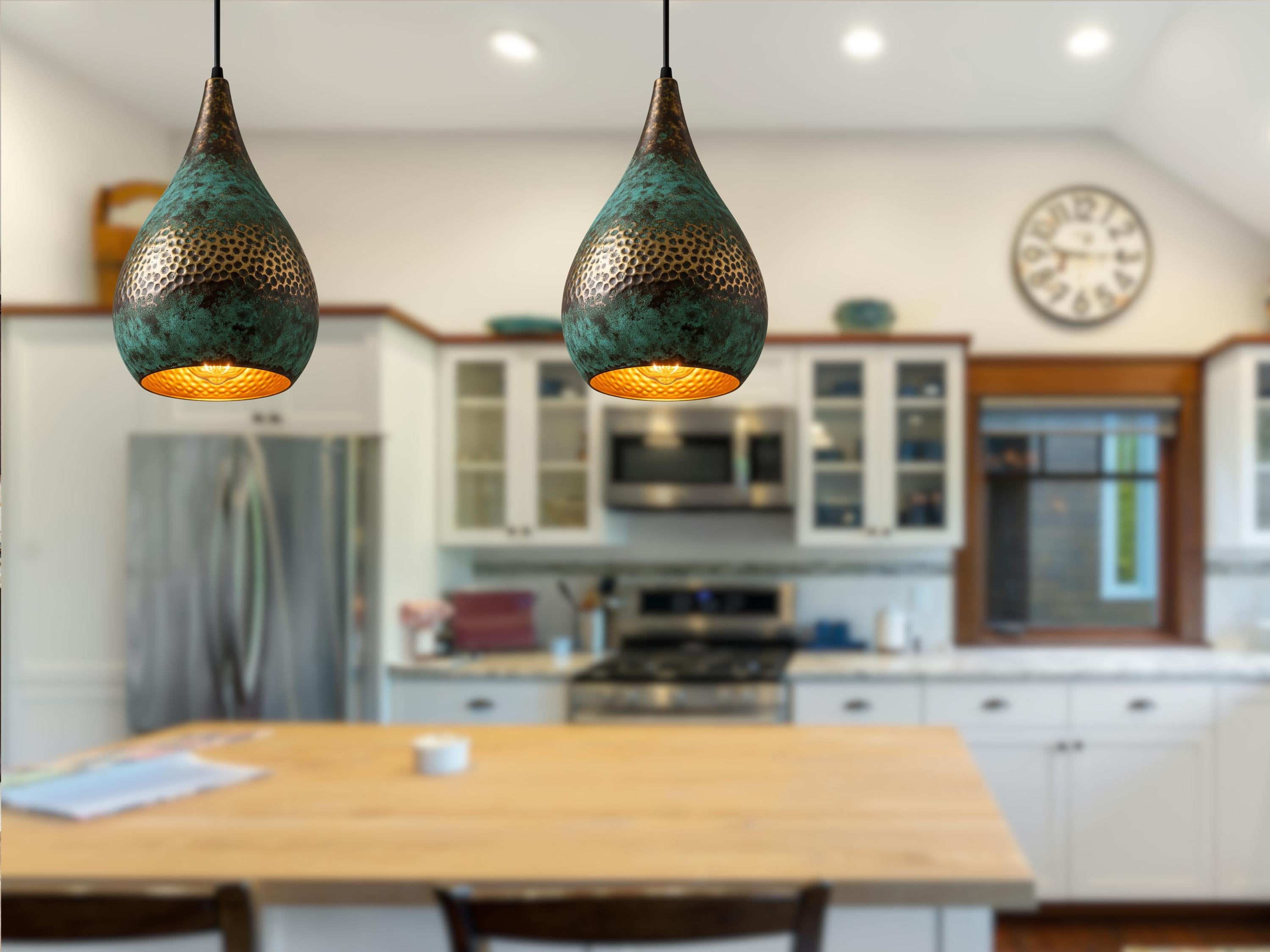 Swirl Teardrop Pendant Light - Hammered Copper with Blue Patina, Modern Moroccan Ceiling Lamp