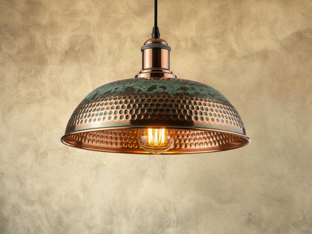 Hammered Dome Pendant, Polished Copper & Green Patina Light, Industrial Farmhouse Lamp