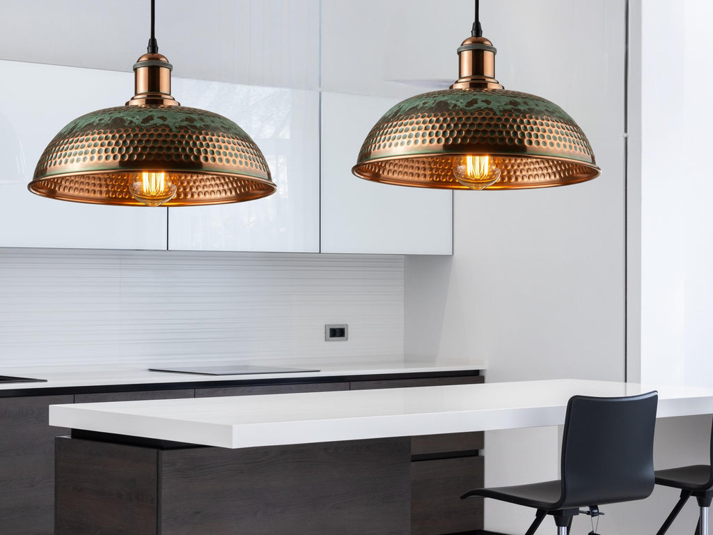 Hammered Dome Pendant, Polished Copper & Green Patina Light, Industrial Farmhouse Lamp