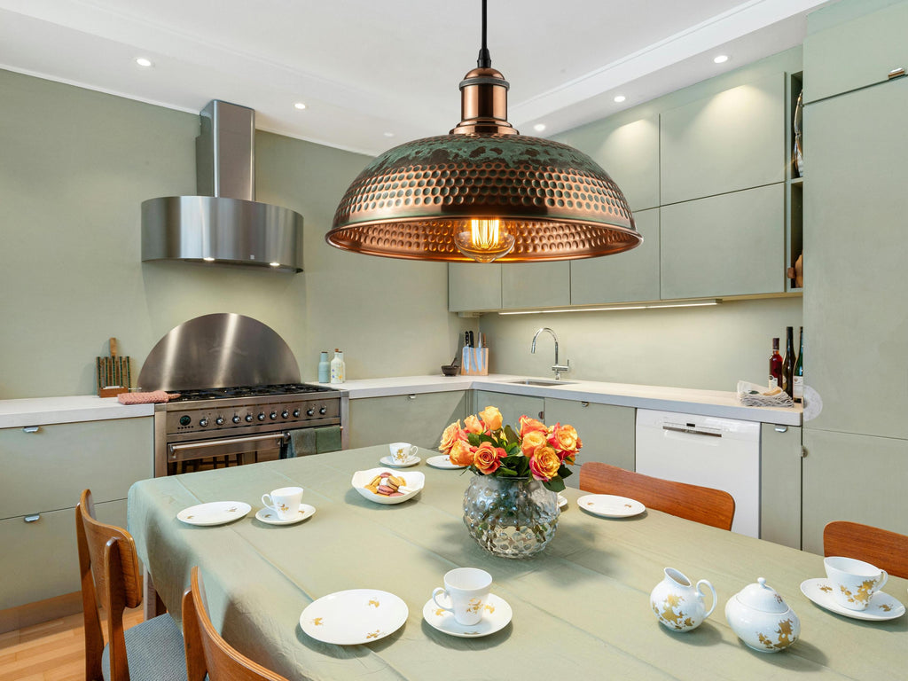 Hammered Dome Pendant, Polished Copper & Green Patina Light, Industrial Farmhouse Lamp
