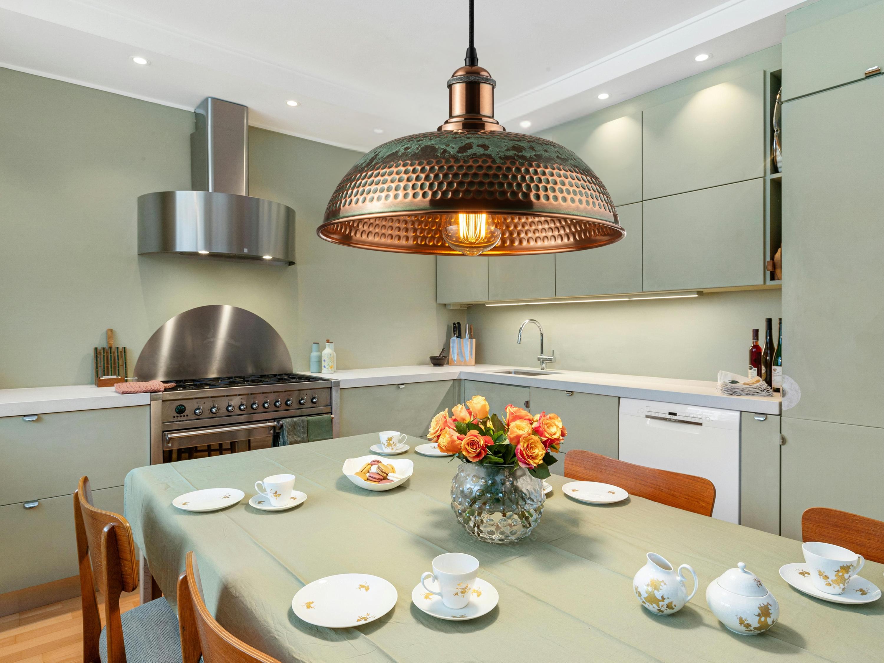 Hammered Dome Pendant, Polished Copper & Green Patina Light, Industrial Farmhouse Lamp