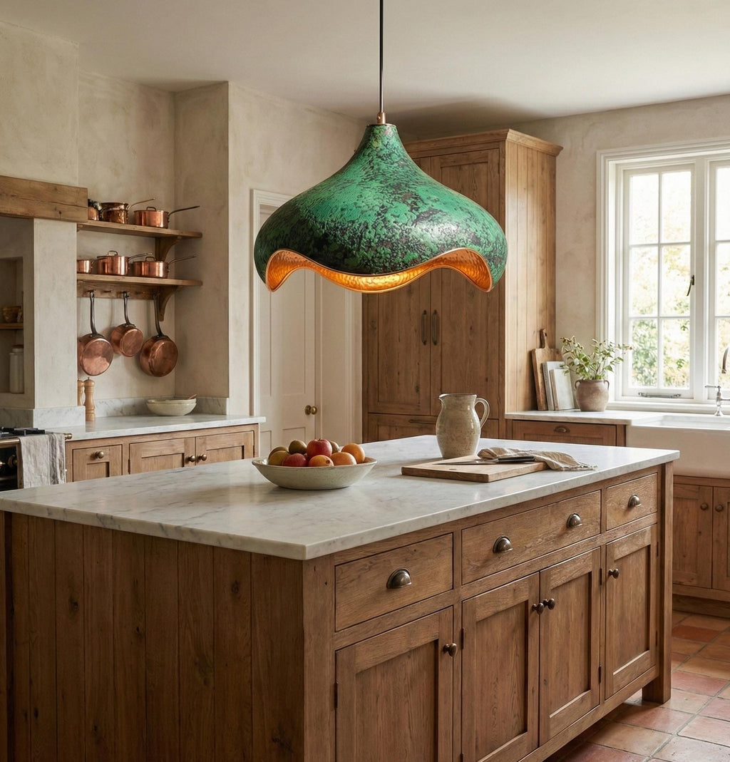 Hand-Hammered Copper Lotus Pendant Light: Green Patina, Moroccan Lighting
