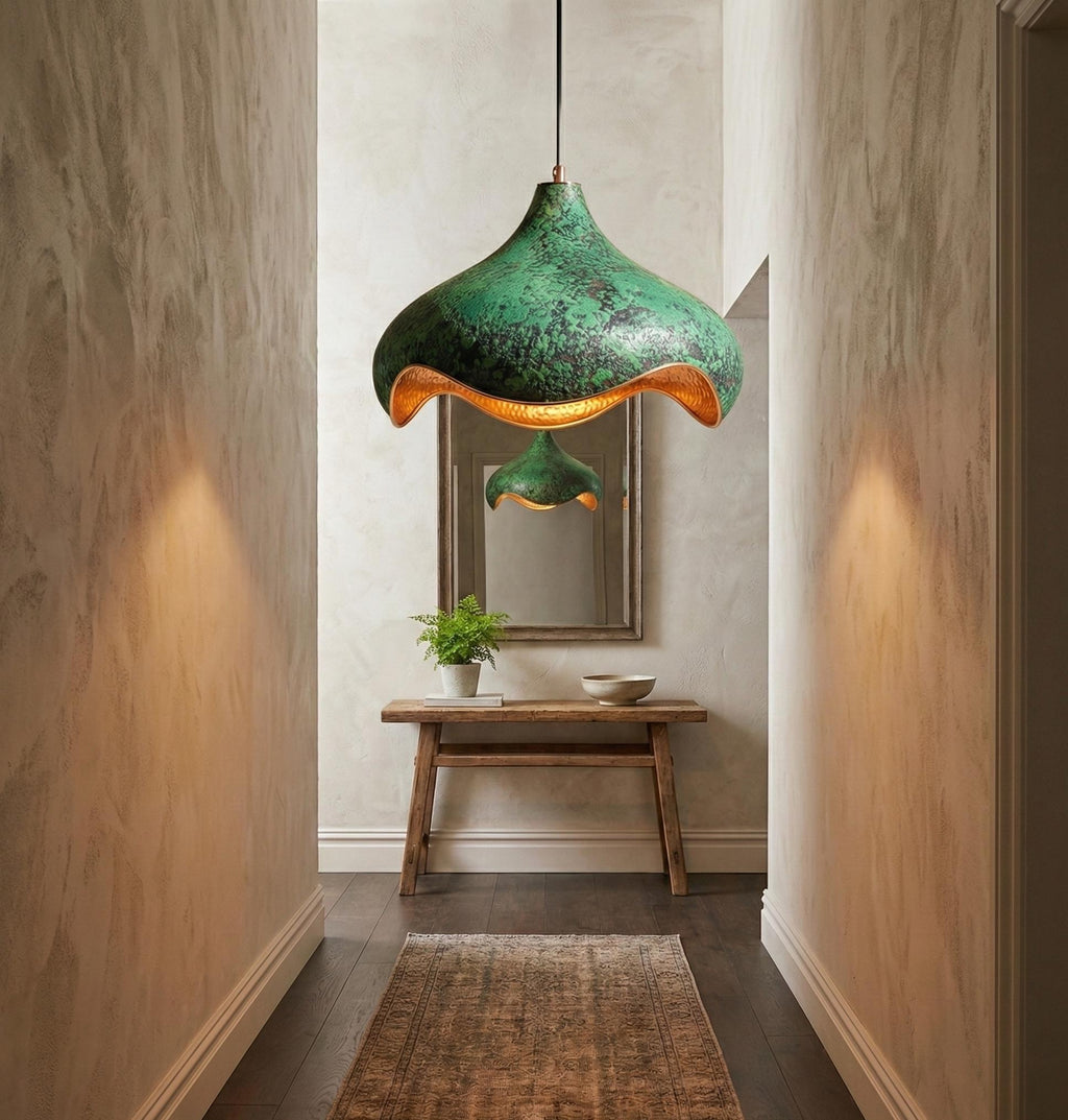 Hand-Hammered Copper Lotus Pendant Light: Green Patina, Moroccan Lighting