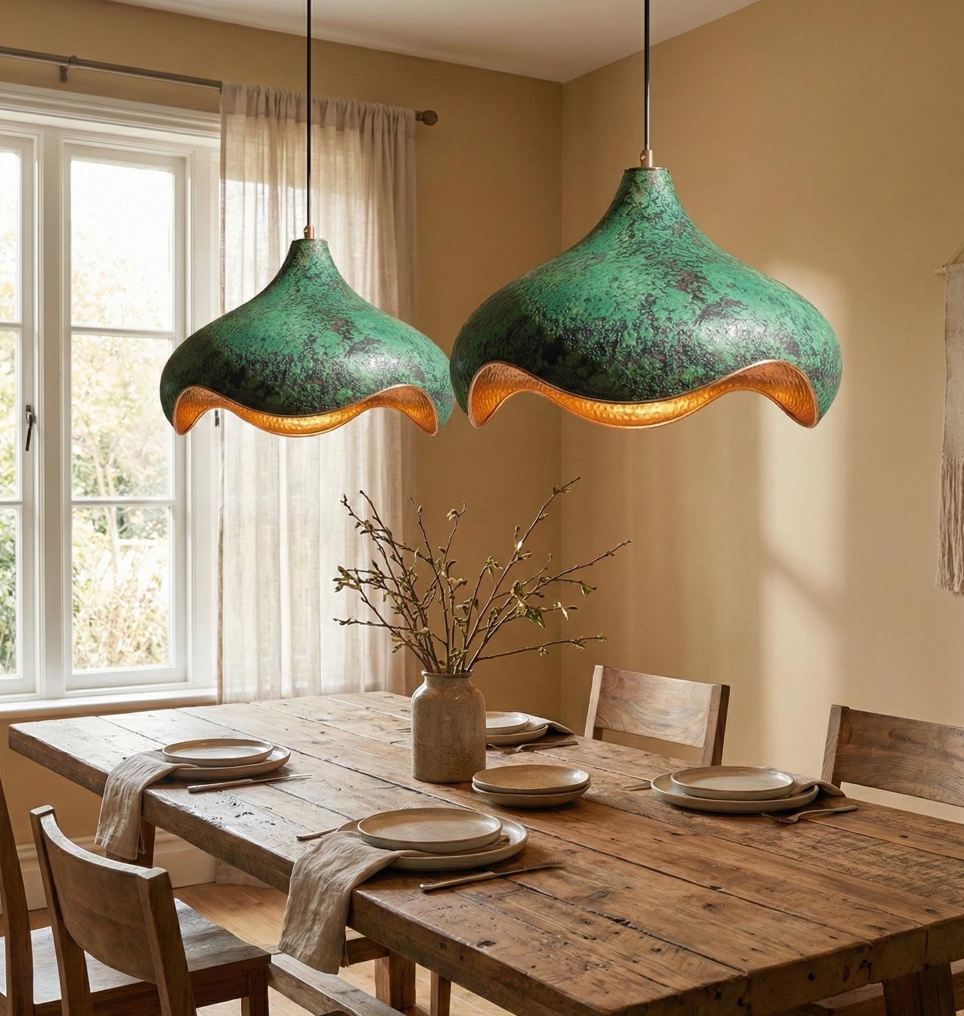 Hand-Hammered Copper Lotus Pendant Light: Green Patina, Moroccan Lighting