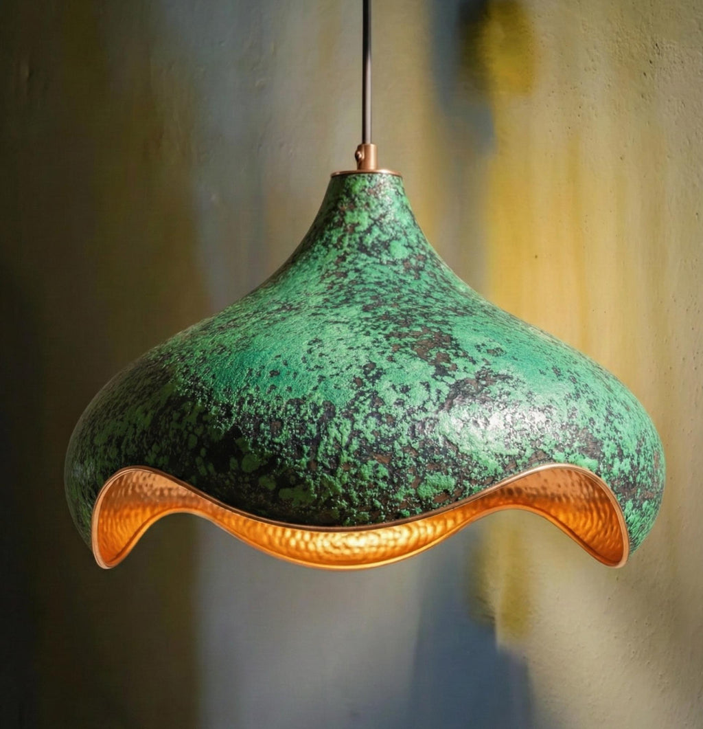 Hand-Hammered Copper Lotus Pendant Light: Green Patina, Moroccan Lighting