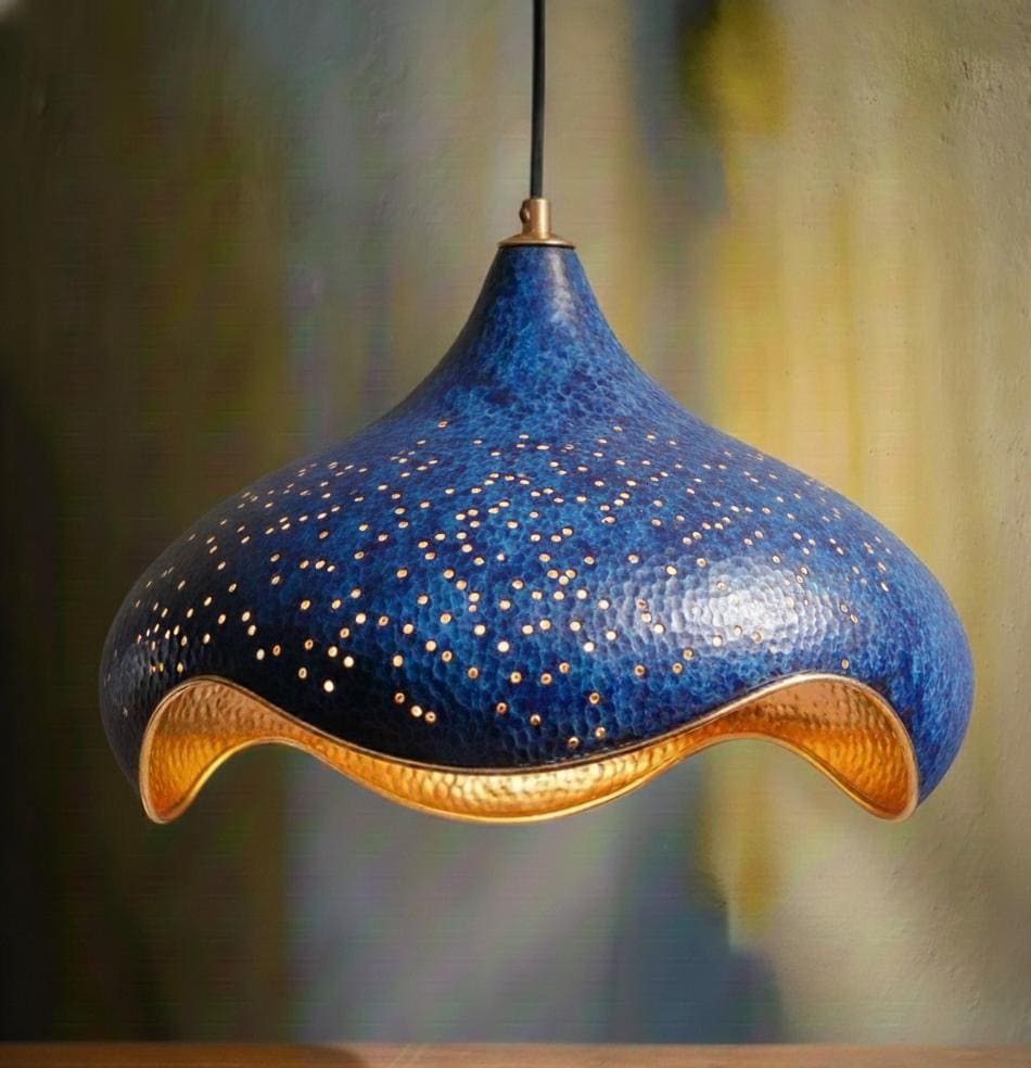 Set Of 2 Hand-Hammered Copper Lotus Pendant Light: Blue Patina, Copper Moroccan Lighting