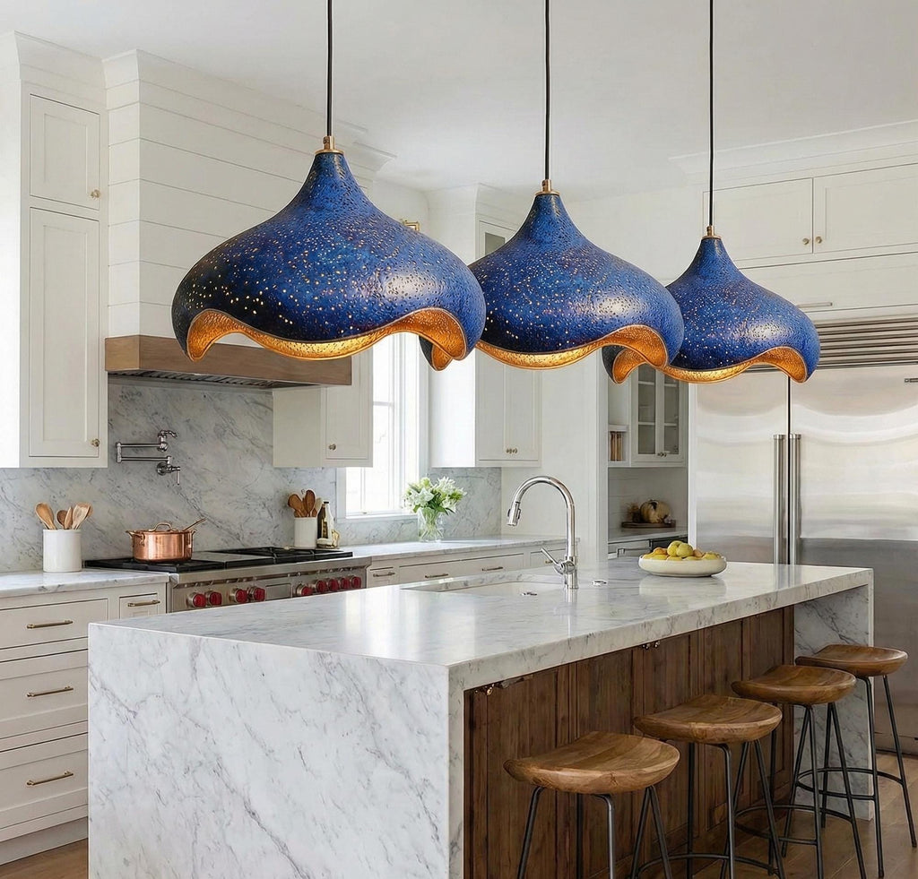 Set Of 2 Hand-Hammered Copper Lotus Pendant Light: Blue Patina, Copper Moroccan Lighting