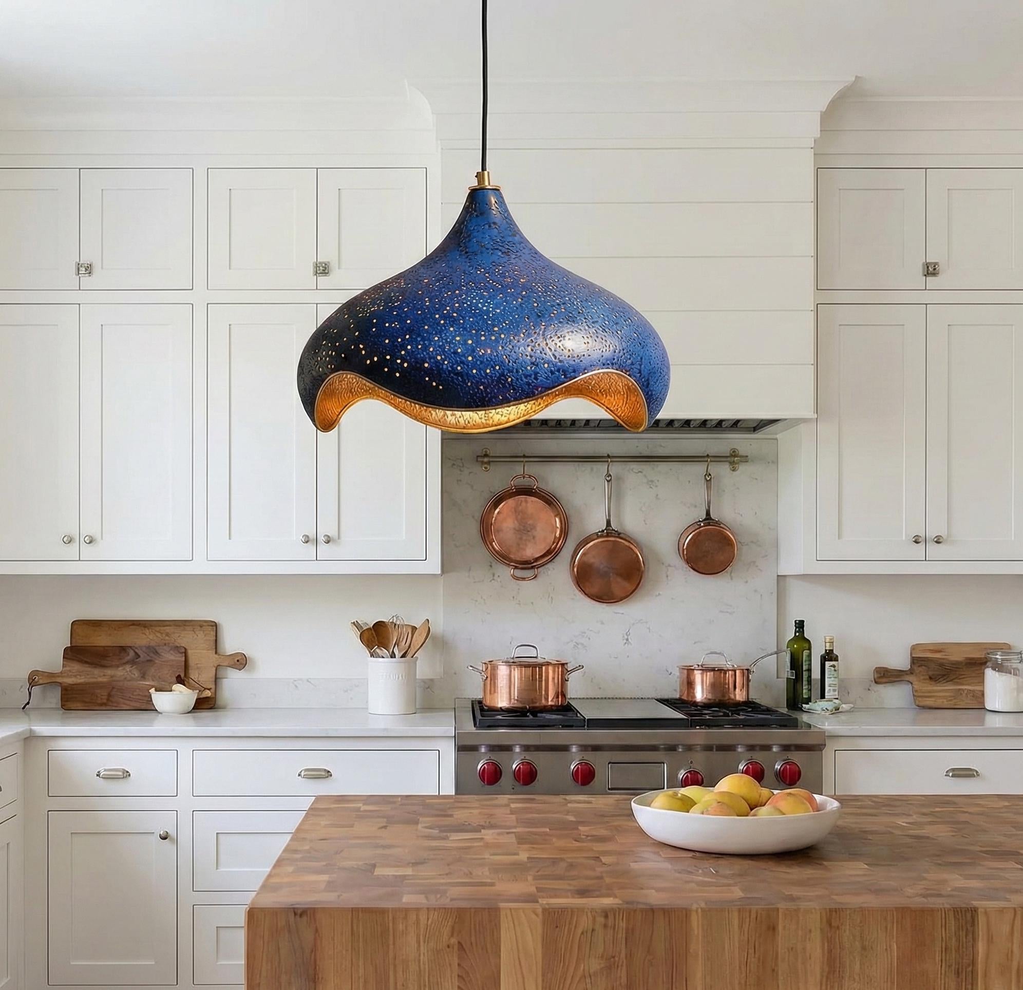 Set Of 2 Hand-Hammered Copper Lotus Pendant Light: Blue Patina, Copper Moroccan Lighting