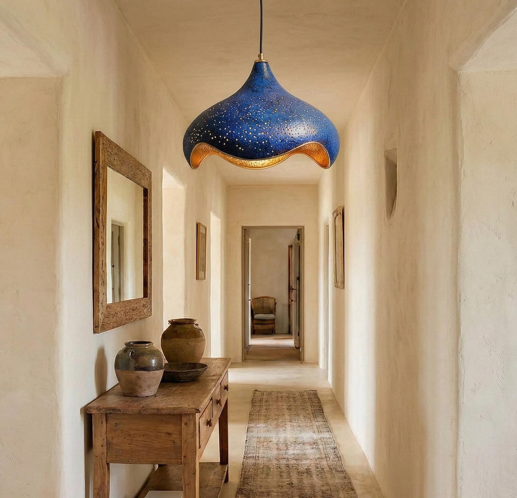 Set Of 2 Hand-Hammered Copper Lotus Pendant Light: Blue Patina, Copper Moroccan Lighting