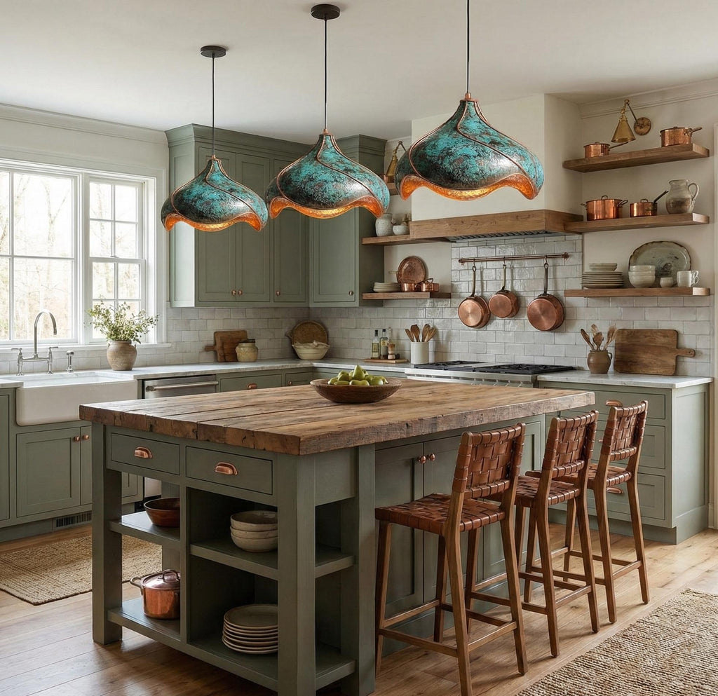 Hand-Hammered Copper Lotus Pendant Light: Blue Black Patina, Moroccan Lighting