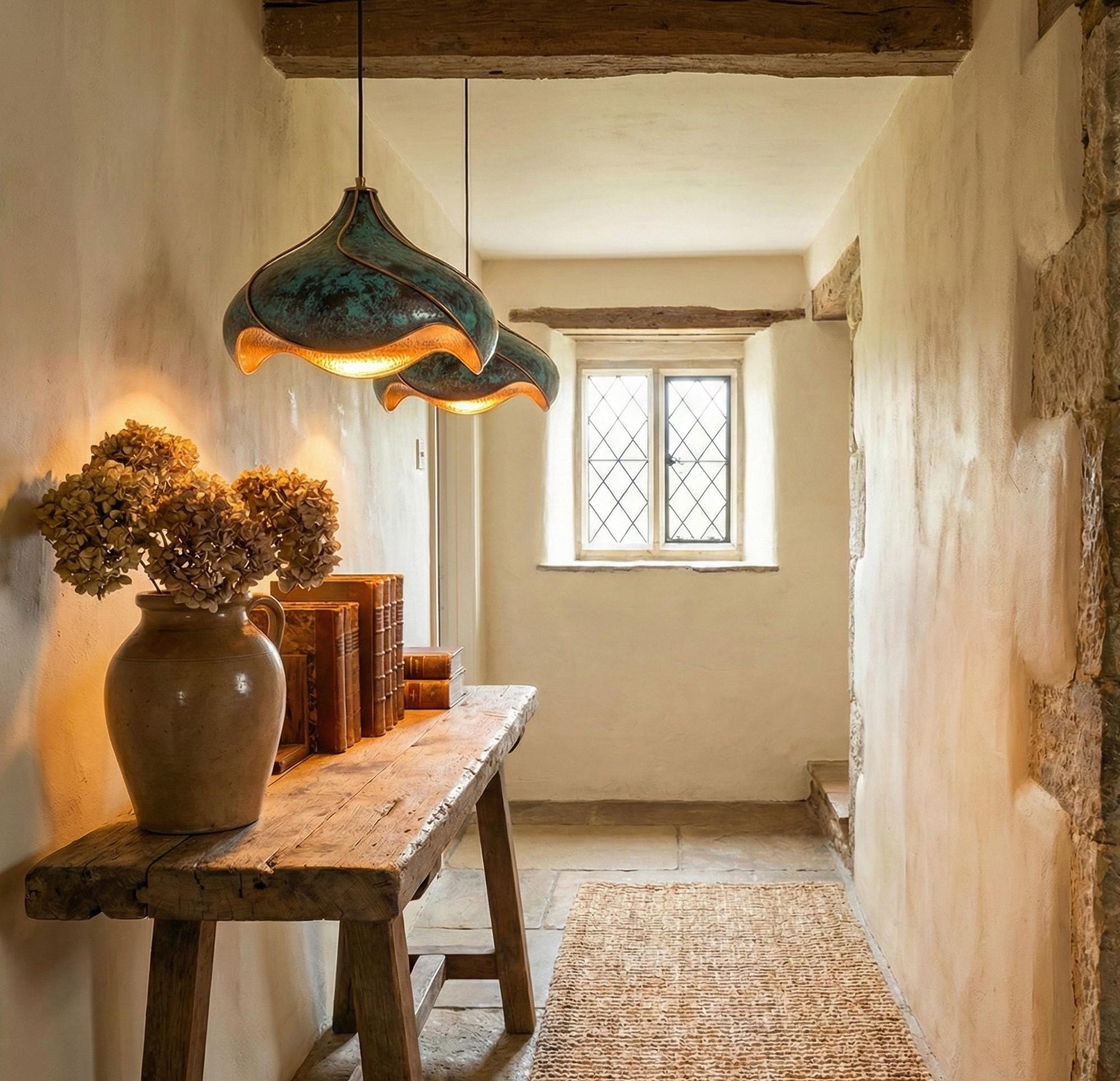 Hand-Hammered Copper Lotus Pendant Light: Blue Black Patina, Moroccan Lighting