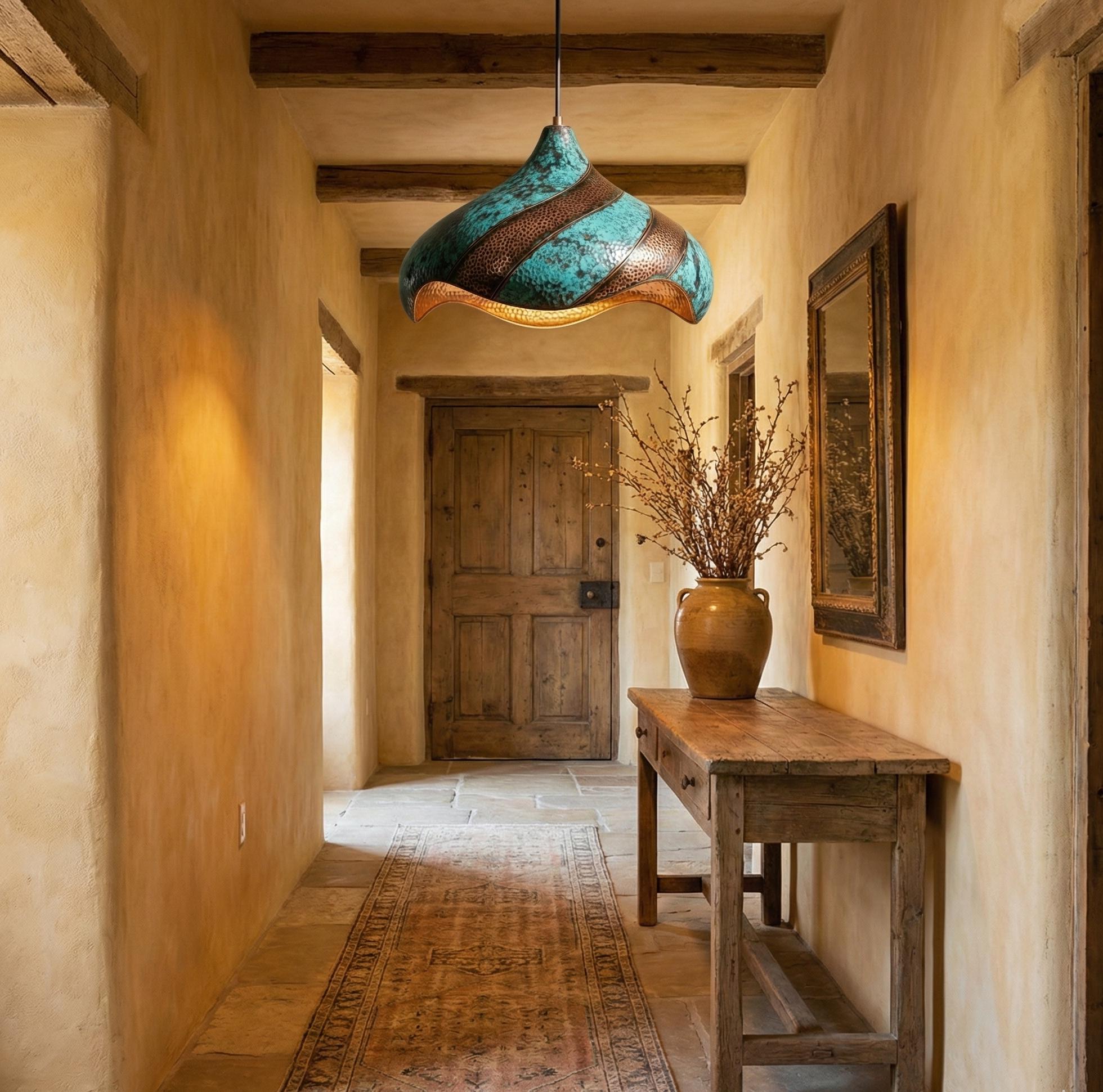 Set Of 2 Hand-Hammered Copper Lotus Pendant Light: half blue Patina, Moroccan Lighting