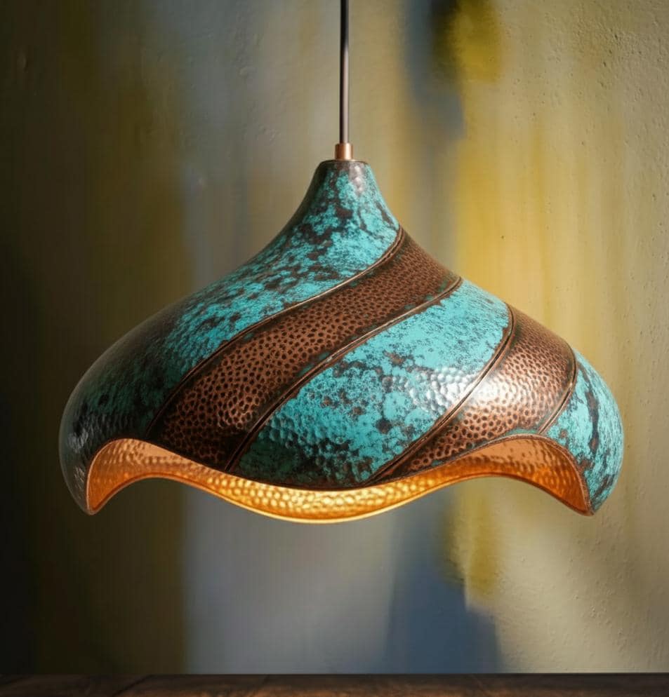 Hand-Hammered Copper Lotus Pendant Light: half blue Patina, Moroccan Lighting