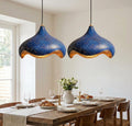 Set Of 2 Hand-Hammered Copper Lotus Pendant Light: Blue Patina, Copper Moroccan Lighting