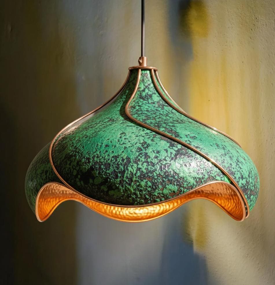 Hand-Hammered Copper Lotus Pendant Light: Green Patina, Copper Moroccan Lighting