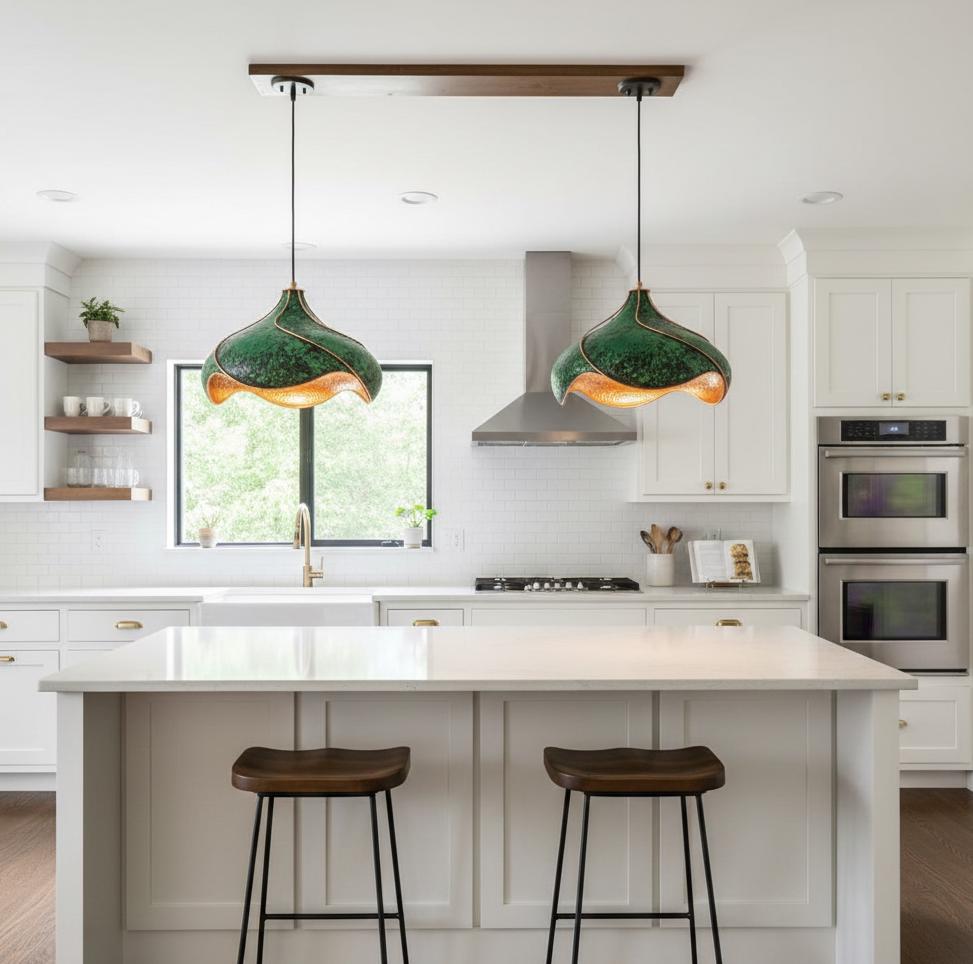 Hand-Hammered Copper Lotus Pendant Light: Green Patina, Copper Moroccan Lighting