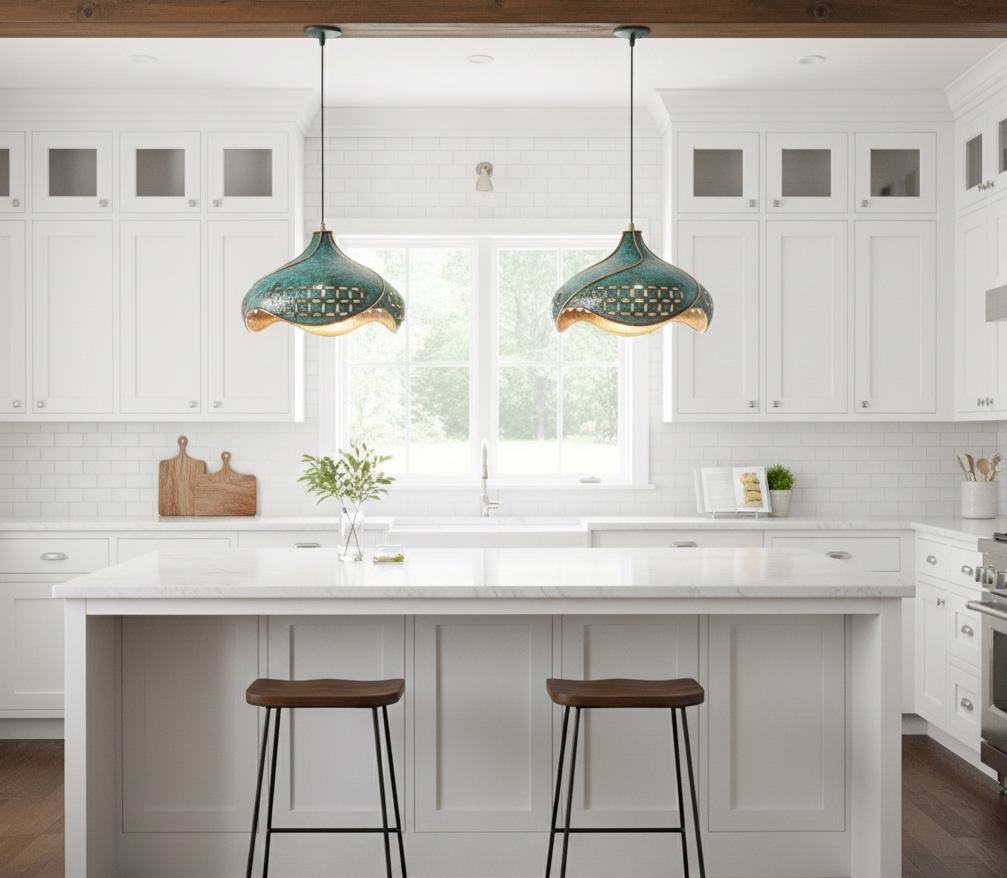 Hand-Hammered Copper Lotus Pendant Light: Blue Patina, Moroccan Lighting