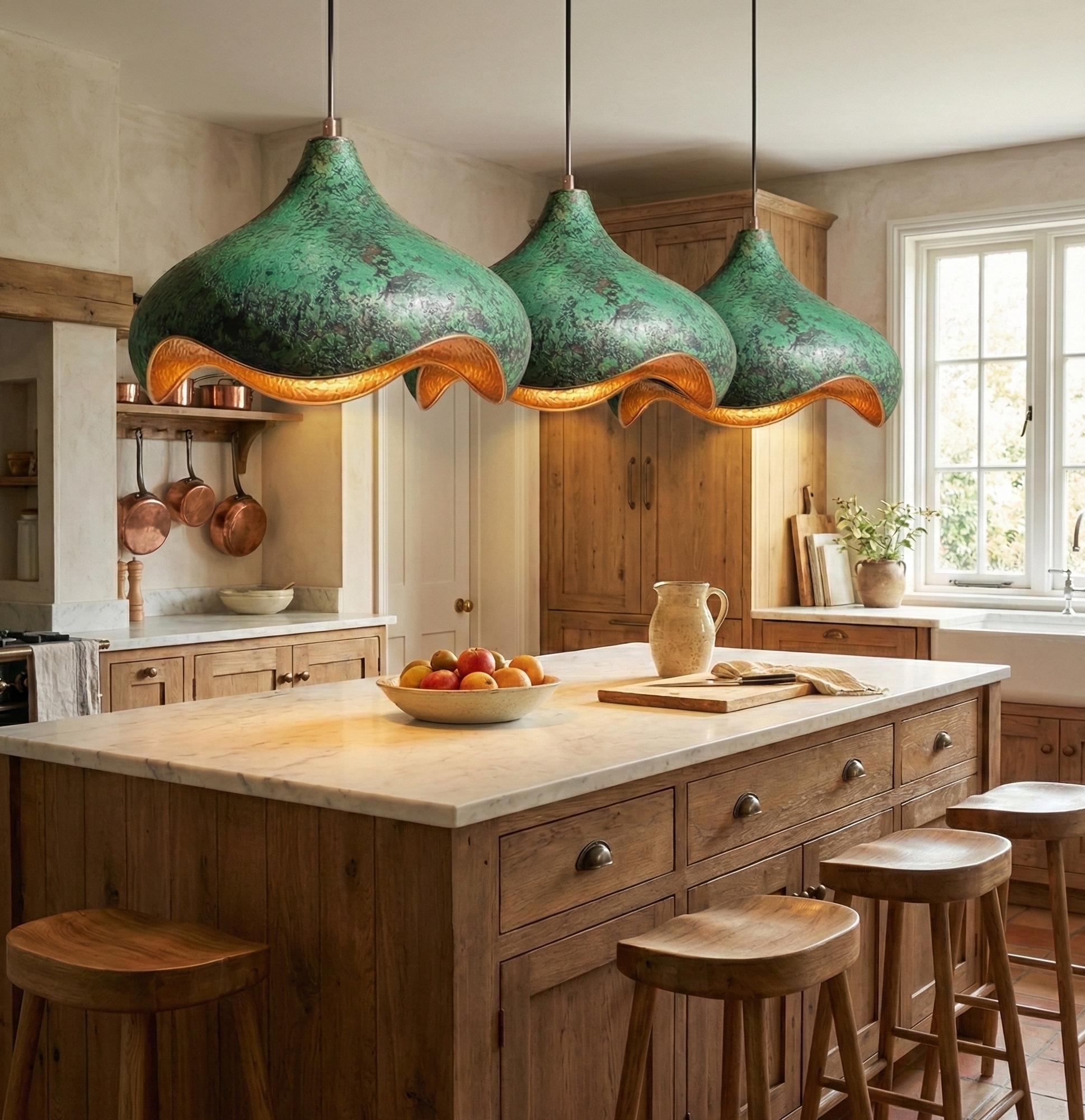 Hand-Hammered Copper Lotus Pendant Light: Green Patina, Moroccan Lighting