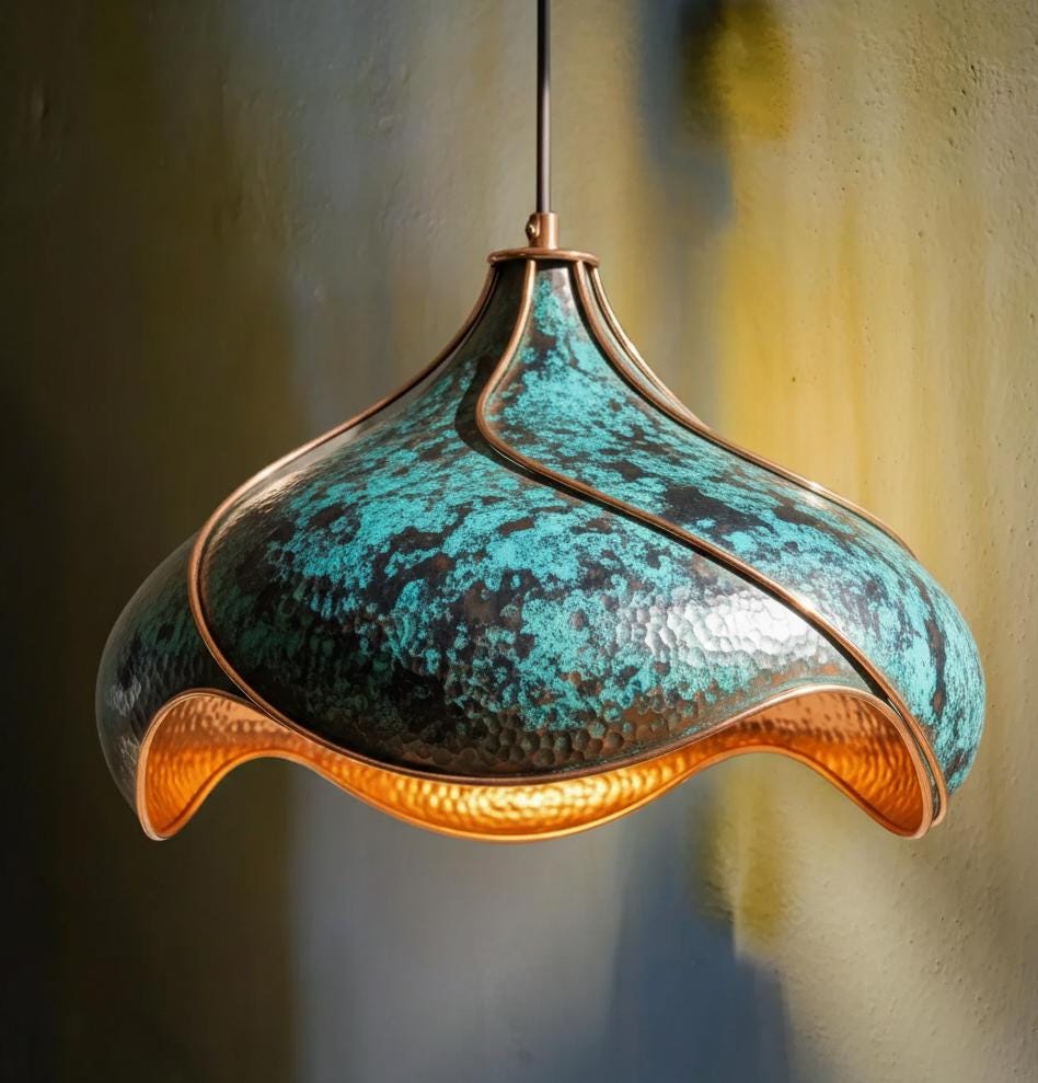 Set Of 2 Hand-Hammered Copper Lotus Pendant Light: Blue Black Patina, Moroccan Lighting