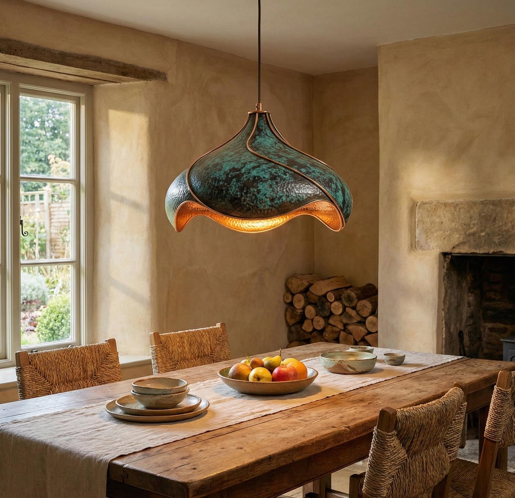 Hand-Hammered Copper Lotus Pendant Light: Blue Black Patina, Moroccan Lighting