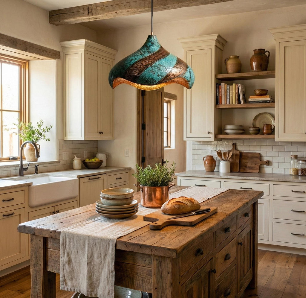 Hand-Hammered Copper Lotus Pendant Light: half blue Patina, Moroccan Lighting