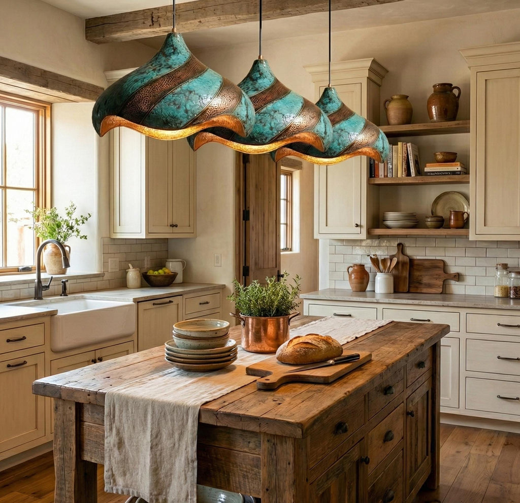 Set Of 2 Hand-Hammered Copper Lotus Pendant Light: half blue Patina, Moroccan Lighting