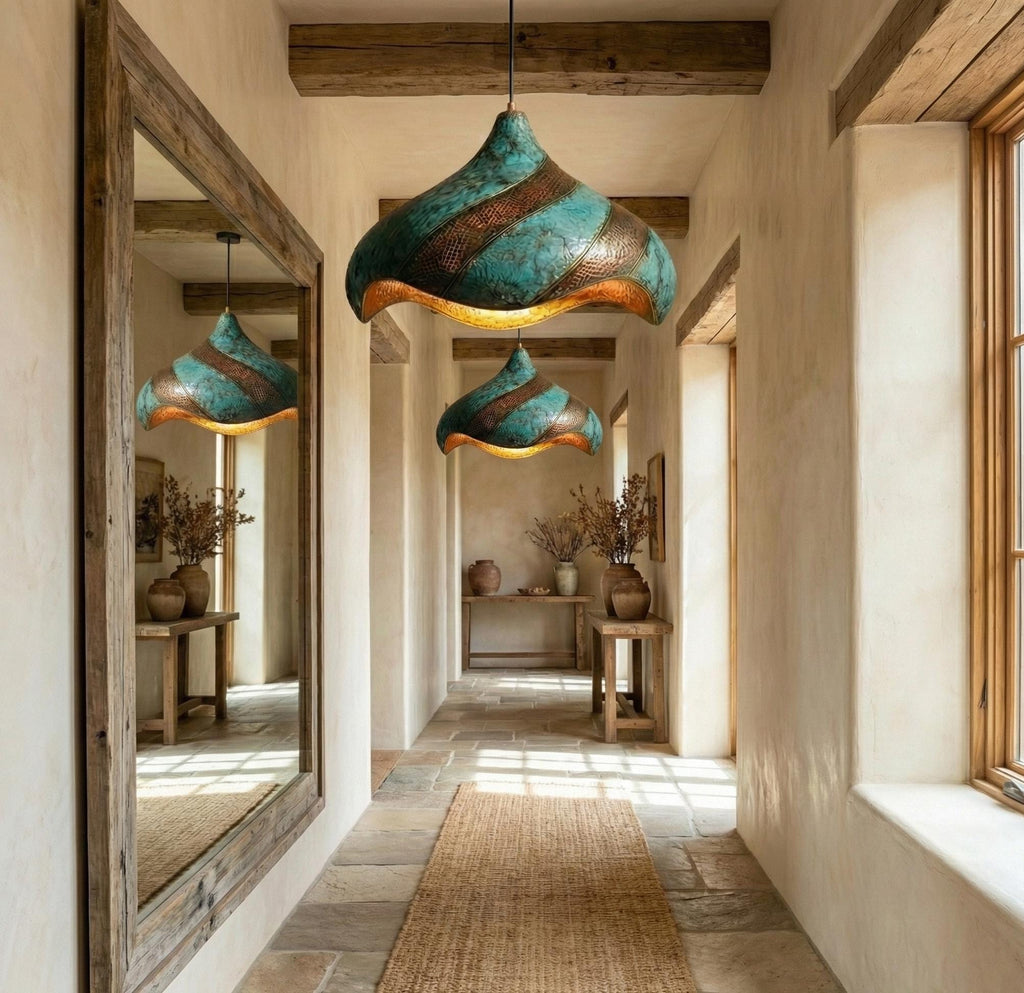 Set Of 2 Hand-Hammered Copper Lotus Pendant Light: half blue Patina, Moroccan Lighting