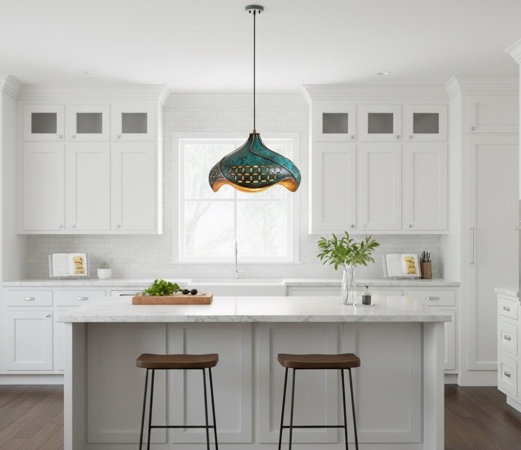 Hand-Hammered Copper Lotus Pendant Light: Blue Patina, Moroccan Lighting