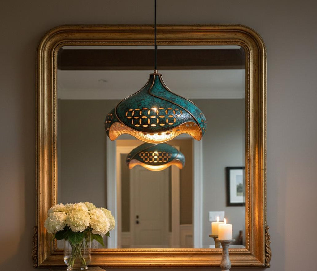 Hand-Hammered Copper Lotus Pendant Light: Blue Patina, Moroccan Lighting