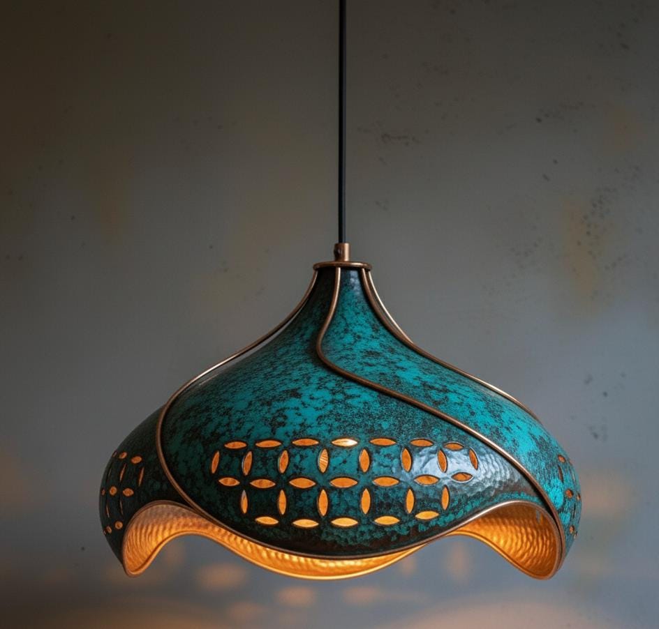 Hand-Hammered Copper Lotus Pendant Light: Blue Patina, Moroccan Lighting