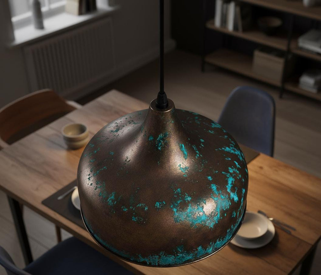 Handmade Bleu and Copper Dome Pendant Light: Rustic Farmhouse Kitchen Lighting