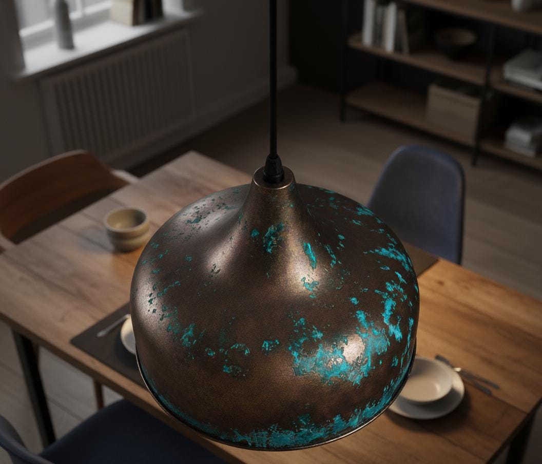 Handmade Bleu and Copper Dome Pendant Light: Rustic Farmhouse Kitchen Lighting