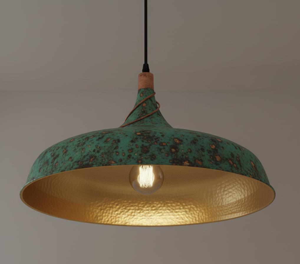 Hammered Green Dome Pendant, Polished Copper Light, Industrial Farmhouse Lamp