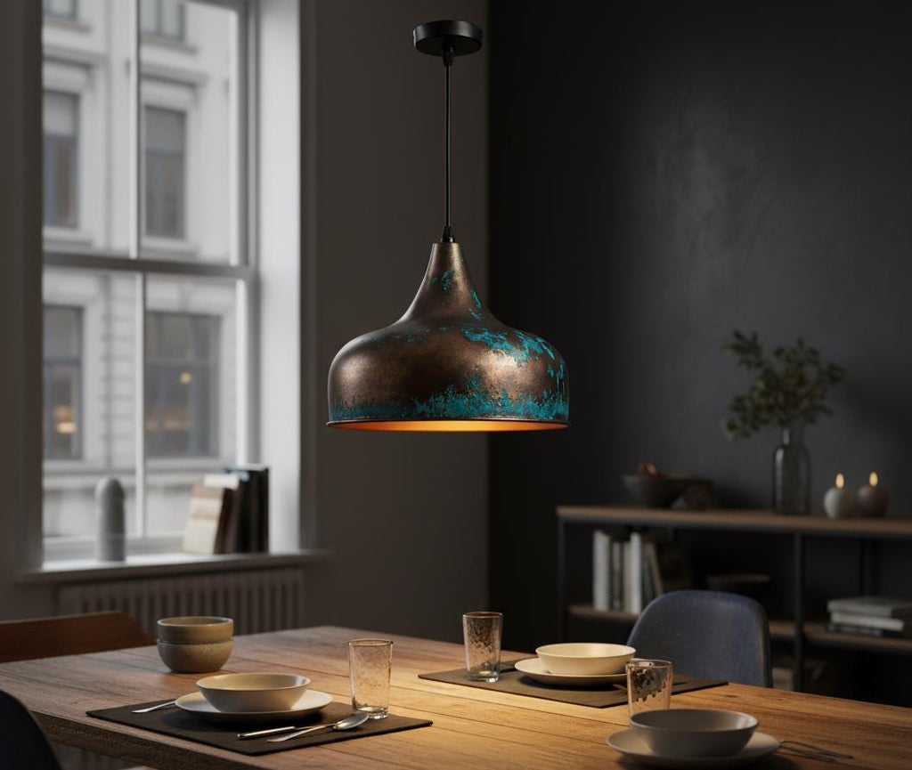 Handmade Bleu and Copper Dome Pendant Light: Rustic Farmhouse Kitchen Lighting