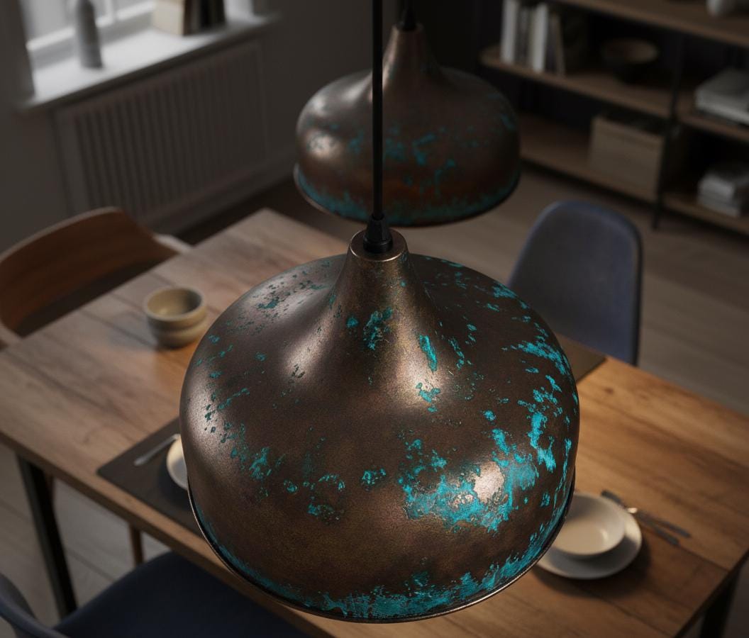 Handmade Bleu and Copper Dome Pendant Light: Rustic Farmhouse Kitchen Lighting