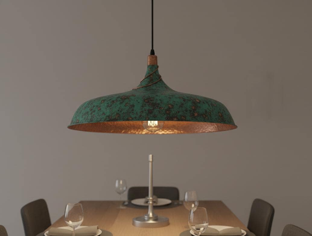 Hammered Green Dome Pendant, Polished Copper Light, Industrial Farmhouse Lamp