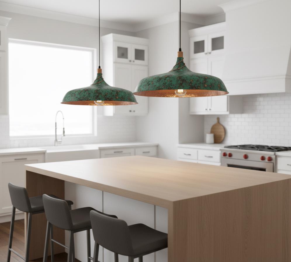 Hammered Green Dome Pendant, Polished Copper Light, Industrial Farmhouse Lamp