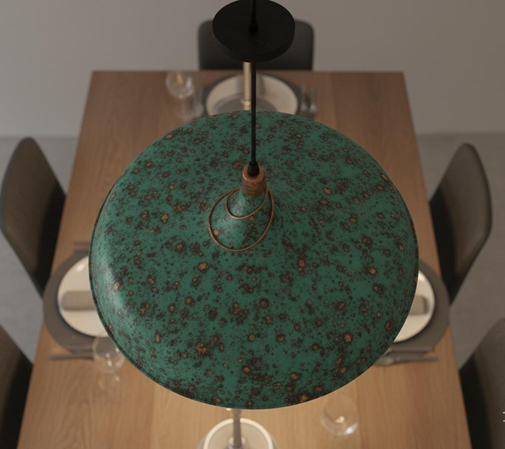 Hammered Green Dome Pendant, Polished Copper Light, Industrial Farmhouse Lamp