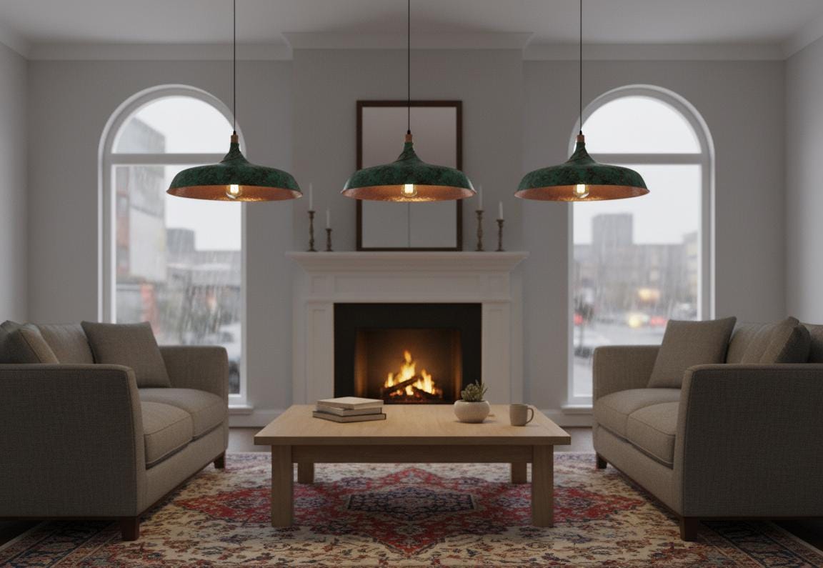Hammered Green Dome Pendant, Polished Copper Light, Industrial Farmhouse Lamp