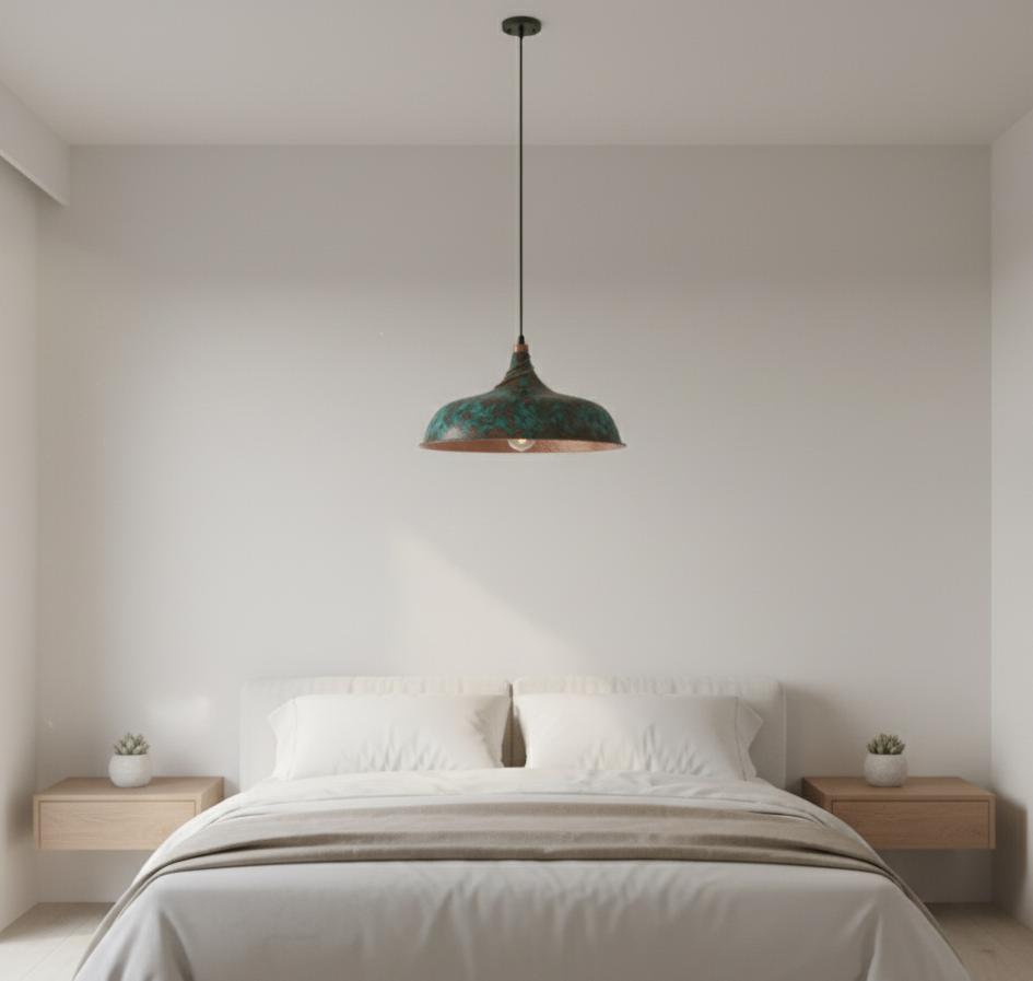 Hammered bleu Dome Pendant, Polished Copper Light, Industrial Farmhouse Lamp